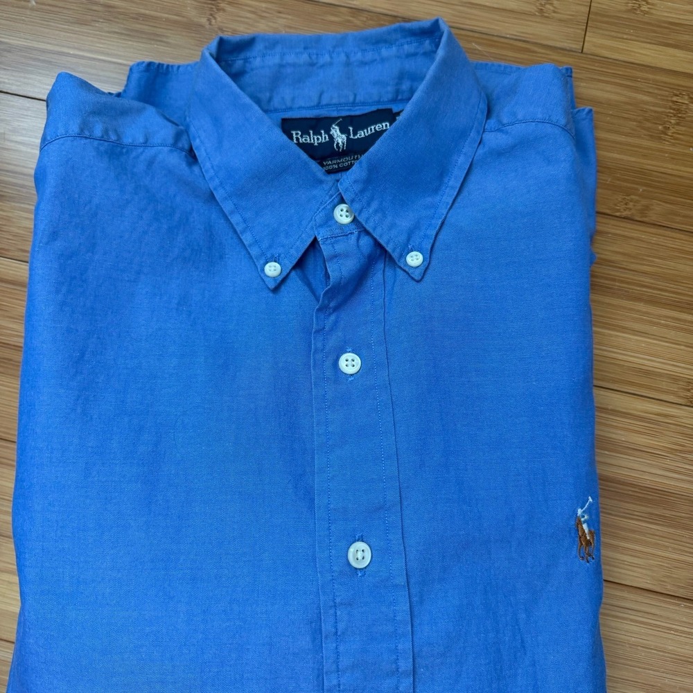 Ralph Lauren Yarmouth Button Down Shirt Mens 16-32 Blue Oxford Flesh Pony
